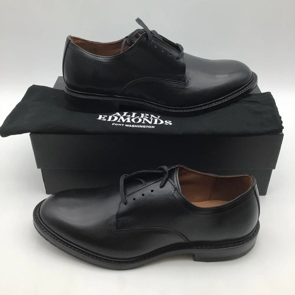 Allen Edmonds Trevor Black Leather Plain Toe Derby Shoes 7417 Size 10.5 3E NEW